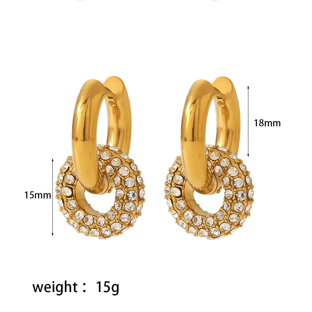 Retro Circle Polishing Plating Inlay Stainless Steel Zircon 18K Gold Plated Earrings
