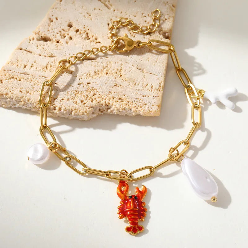 Coral Lobster Rouge 304 Stainless Steel 18K Gold Plated Imitation Pearl Paperclip Chain Multi Charms Bracelet