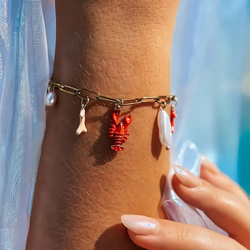 Coral Lobster Rouge 304 Stainless Steel 18K Gold Plated Imitation Pearl Paperclip Chain Multi Charms Bracelet