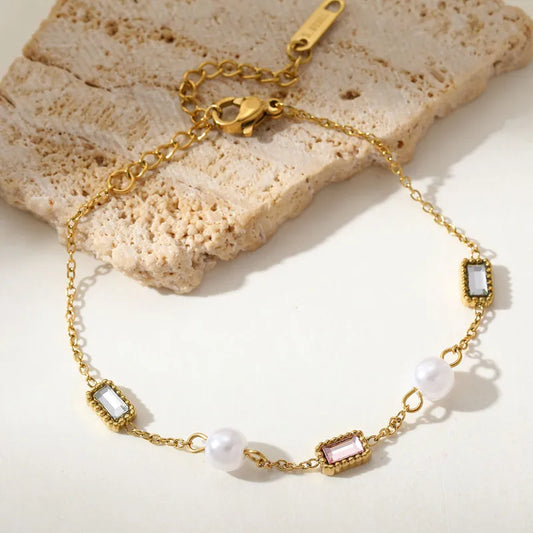 Small Rectangle Diamond and Pearl 304 Stainless Steel 18K Gold Plated Zircon Cable Chain Multi Charms Bracelet