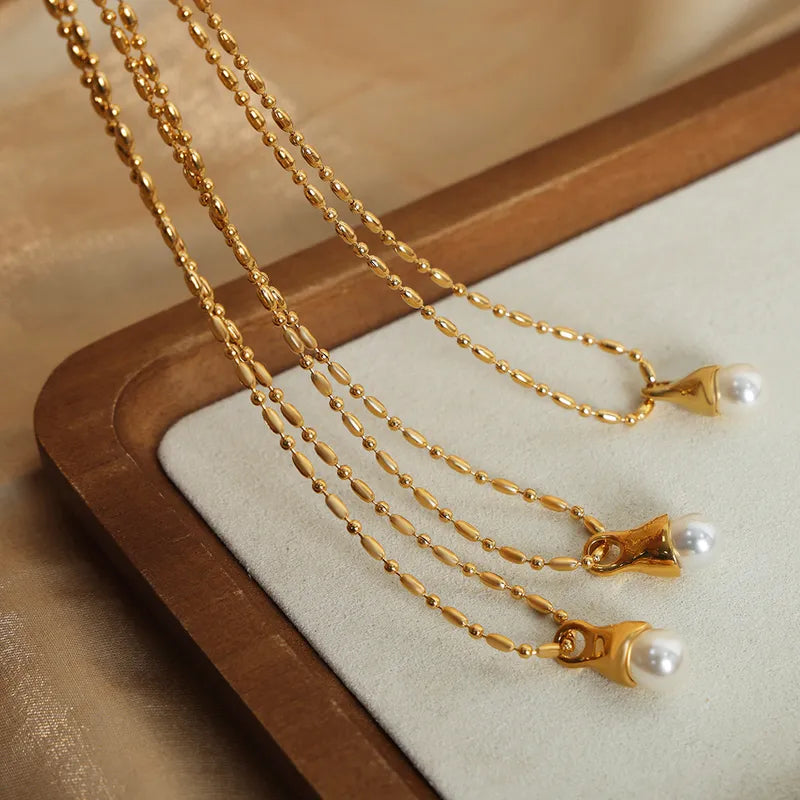 Titanium Steel Plating Inlay Artificial Pearls 18k Gold Plated Pendant Necklace