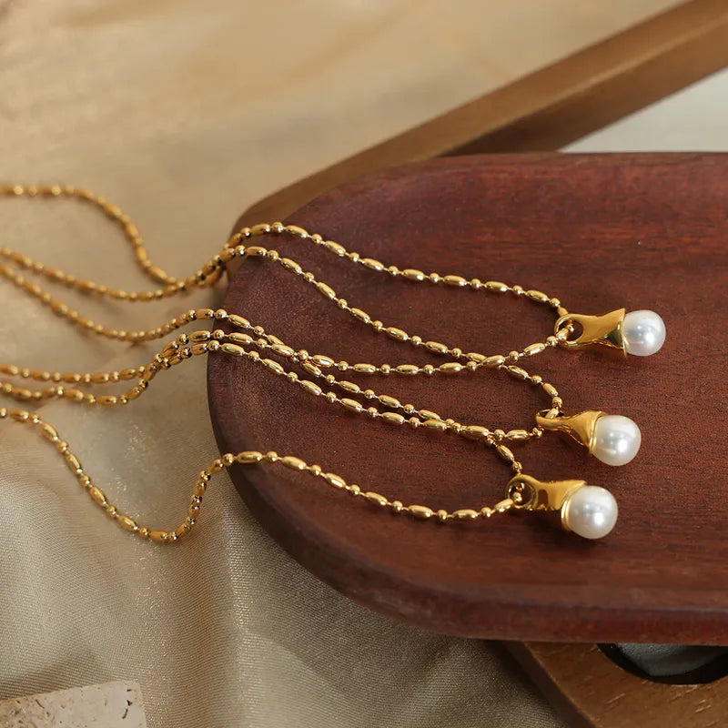 Titanium Steel Plating Inlay Artificial Pearls 18k Gold Plated Pendant Necklace