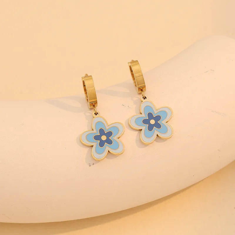 Colorful Flower Blue Necklace Elegant Stainless Steel Earring