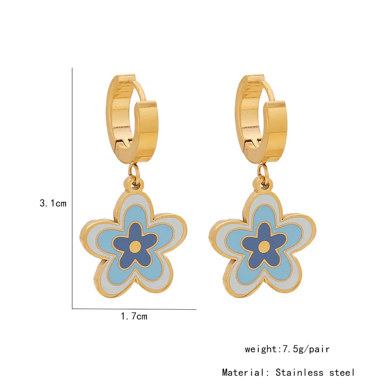Colorful Flower Blue Necklace Elegant Stainless Steel Earring