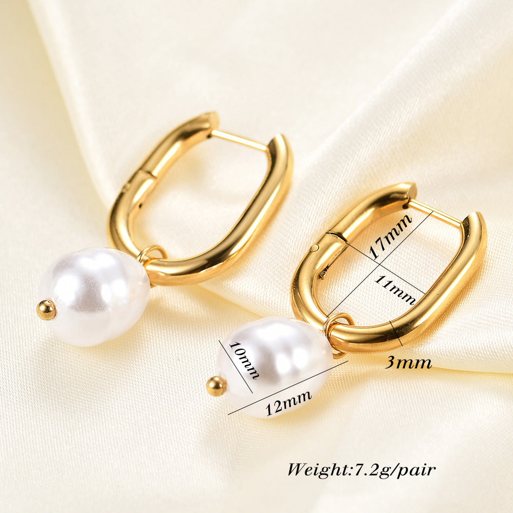 Gold and Pearl Stainless Steel Plating Hoop Earrings