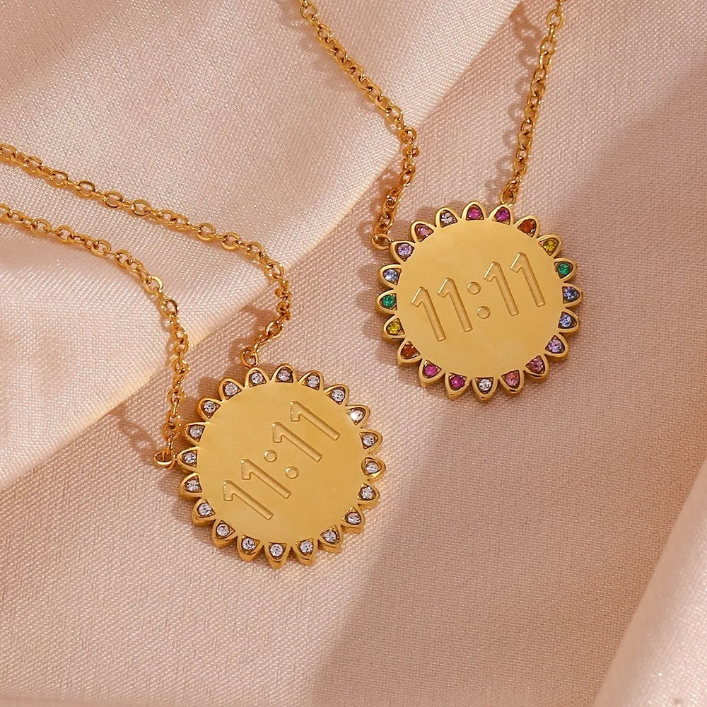 Rhinestone SUNFLOWER 11:11 Pendant Necklace-Gold-Colorful crystals