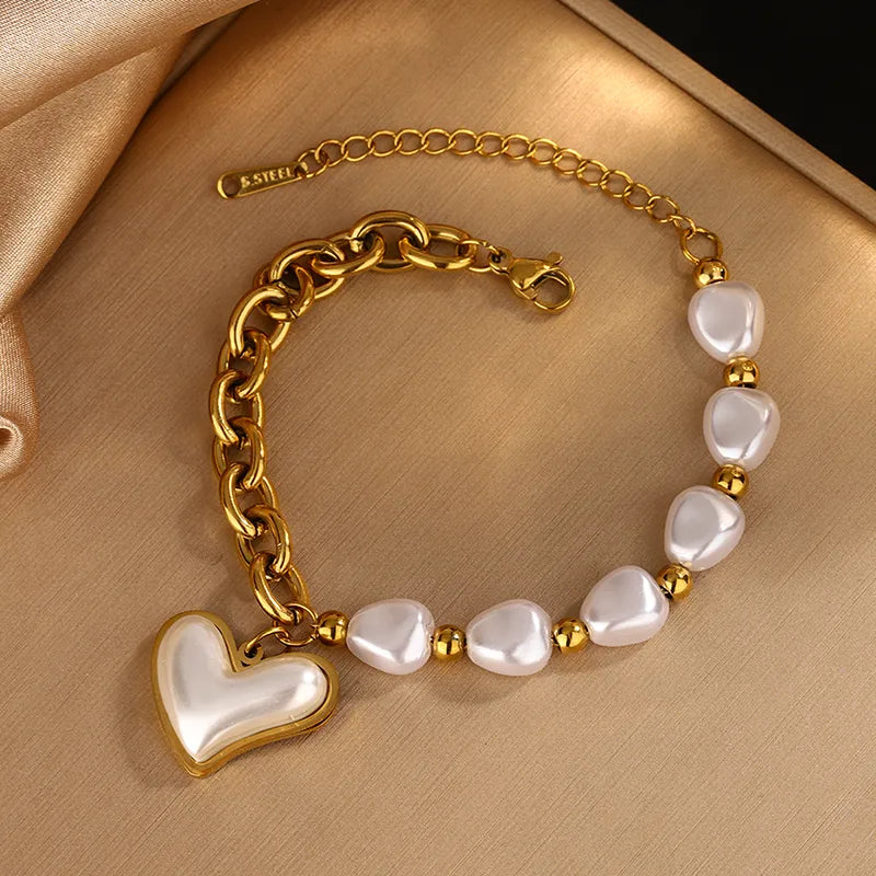Pearl Heart Shape 304 Stainless Steel 18K Gold Plated Beaded Pearl Plating Bracelets Necklace Jewelry Set