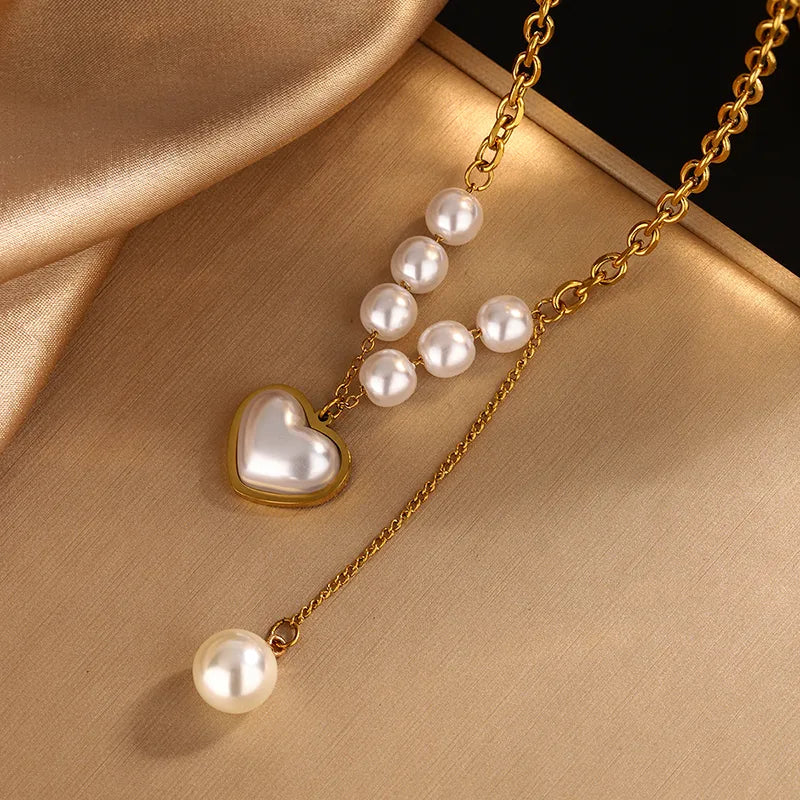 Pearl Heart Shape 304 Stainless Steel 18K Gold Plated Beaded Pearl Plating Bracelets Necklace Jewelry Set