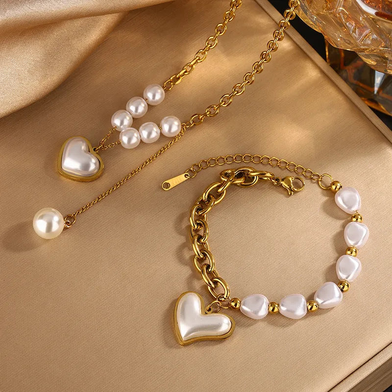 Pearl Heart Shape 304 Stainless Steel 18K Gold Plated Beaded Pearl Plating Bracelets Necklace Jewelry Set