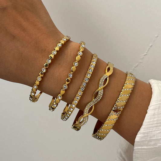 Elegant Simple Stainless Steel 18K Gold Embedded Zircon Bracelet