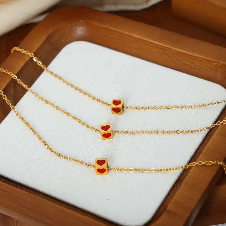 Red Heart Titanium Steel Enamel Plating 18K Gold Plated Necklace