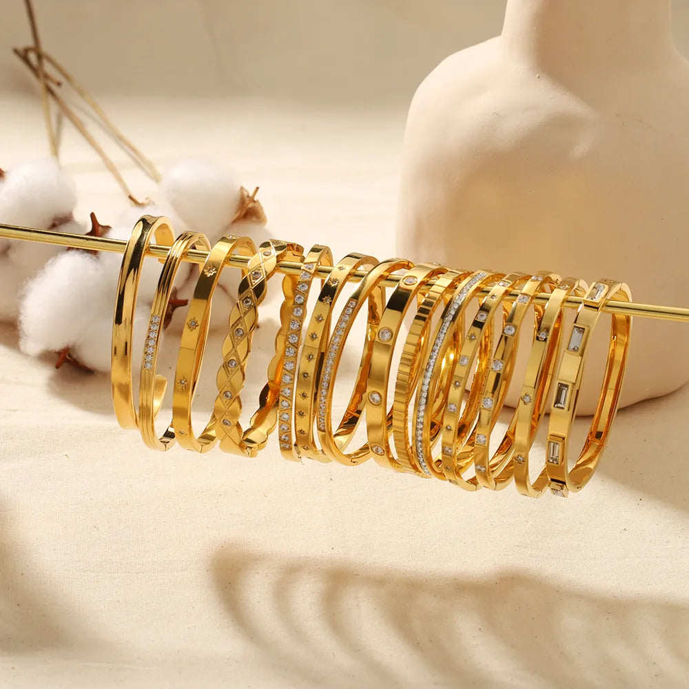 Curvy Edged Diamond Inlay Stainless Steel 18K Gold Plated Zircon Bangle