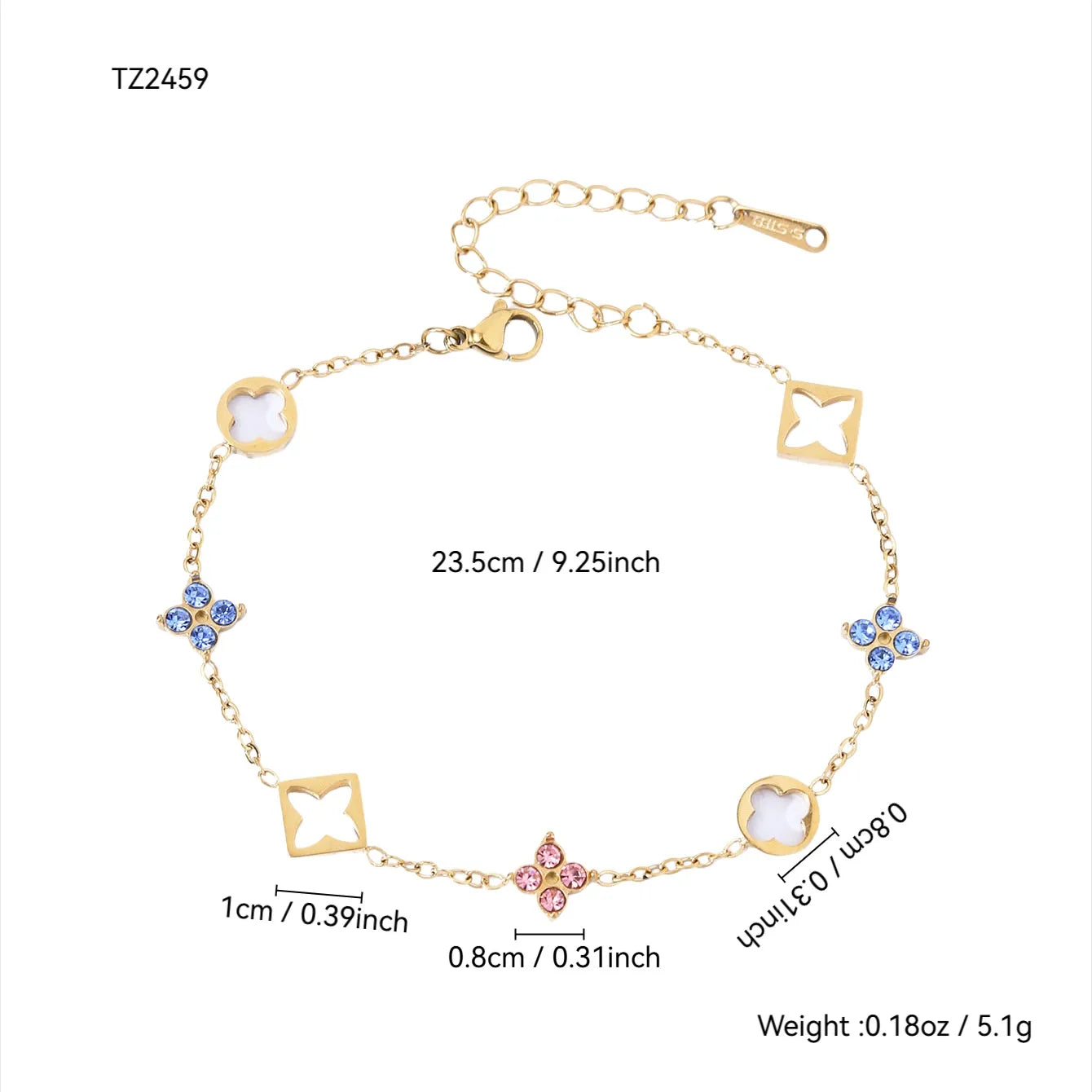 Colored Four-leaf Zircon Stainless Steel 18k Gold Plated Bracelet