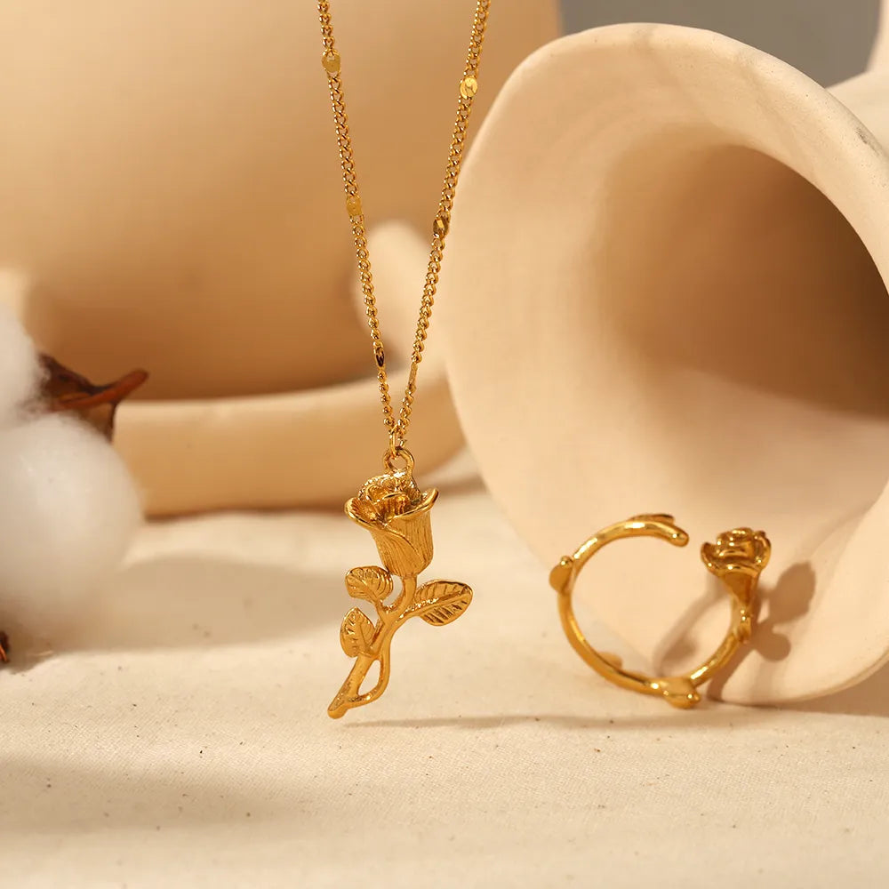 Rose Stainless Steel Polishing Plating 18K Gold Plated Rings Necklace Set