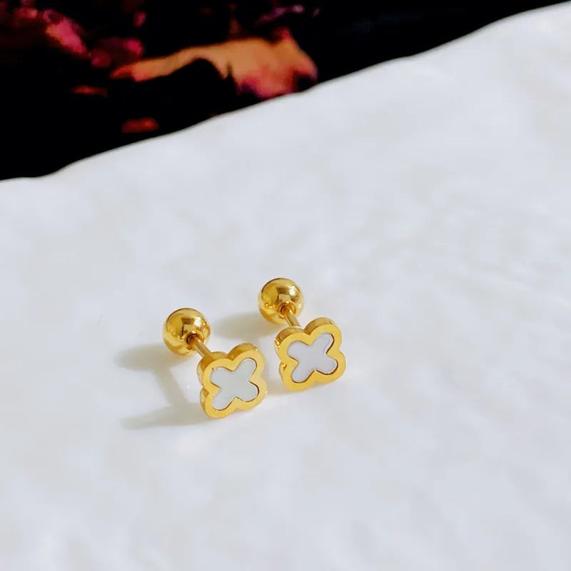 White and Gold Four Leaf Clover Stud