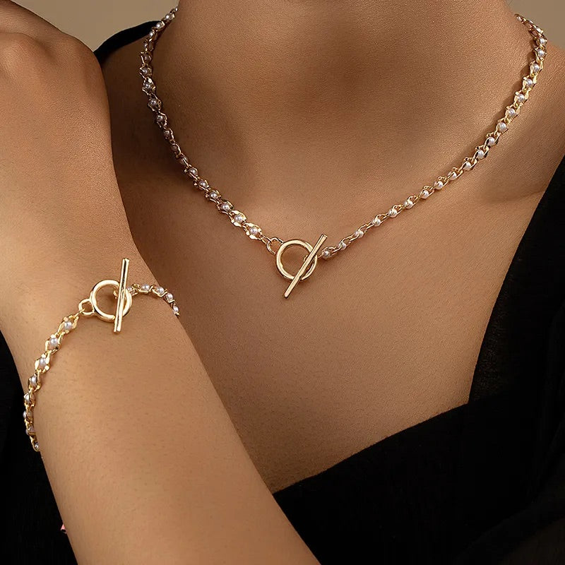 Pearl Alloy Plating 14K Gold Plated Women's Bracelets Necklace