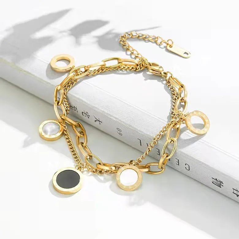 Roman Black And White Shells Contrast Color Double-layer Titanium Steel Women's Bracelet