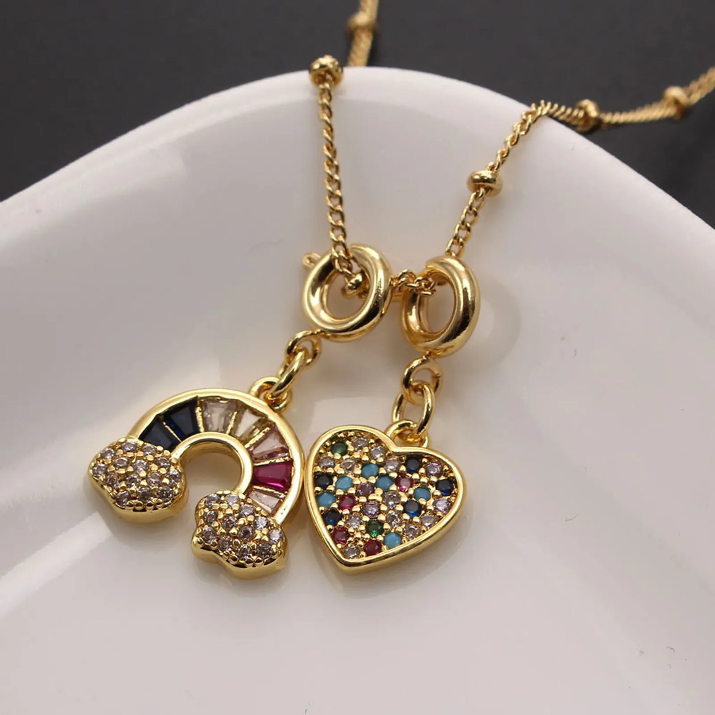 Rainbow with Heart Shaped Copper Plating Inlay Zircon Pendant Necklace