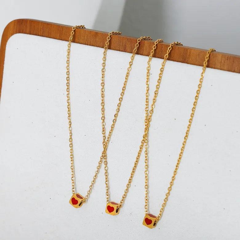 Red Heart Titanium Steel Enamel Plating 18K Gold Plated Necklace