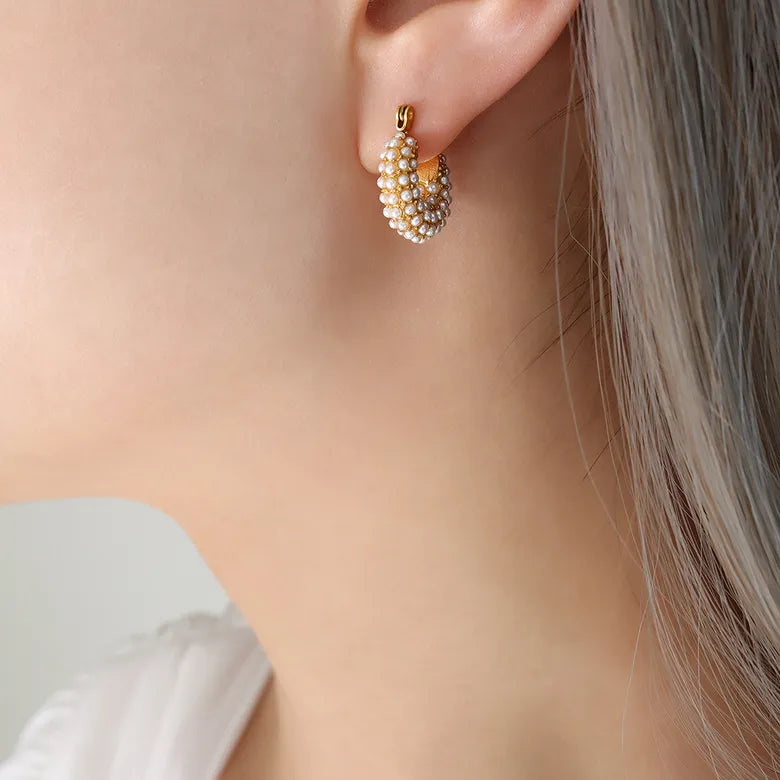 Titanium Steel Plating Inlay Artificial Pearls 18K Gold Plated Earrings