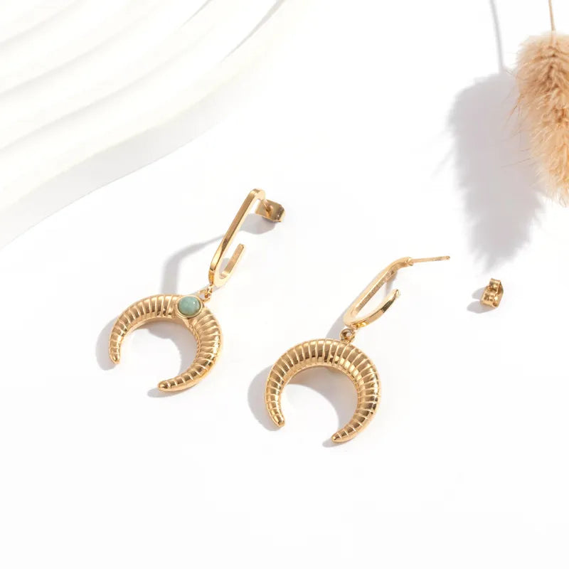Horns Plating Inlay Stainless Steel Faux Jade Stone 18K Gold Plated