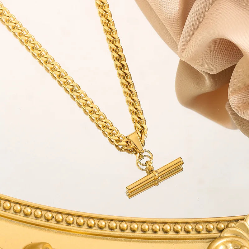T-Shape Stainless Steel 18K Gold Plated Geometric Design Necklace