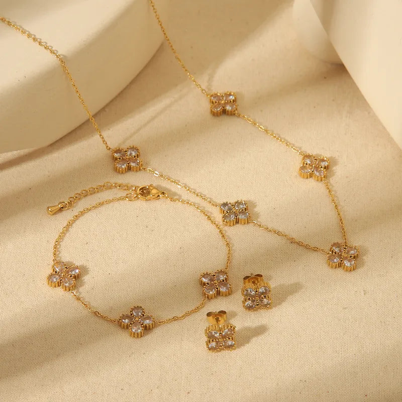 Four Leaf Clover Solid Color Flower 304 Stainless Steel Zircon 18K Gold Plated Inlay Jewelry Set