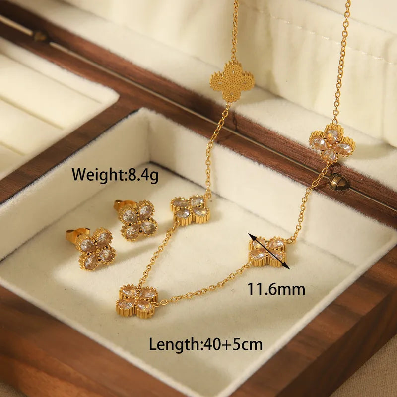 Four Leaf Clover Solid Color Flower 304 Stainless Steel Zircon 18K Gold Plated Inlay Jewelry Set