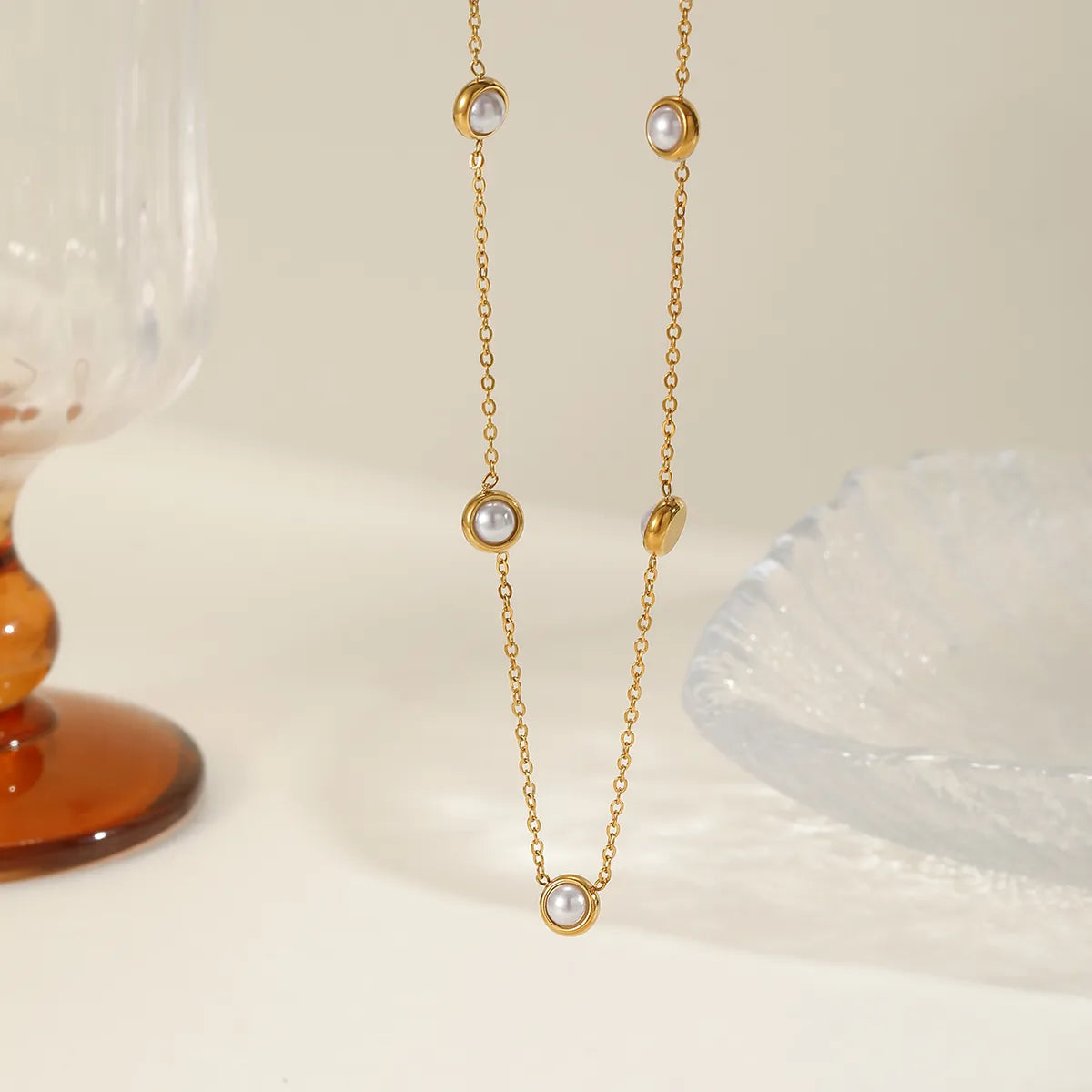 Pearl 18K Gold Plated Plating Inlay Pendant Necklace Lip Chain Cable Chain