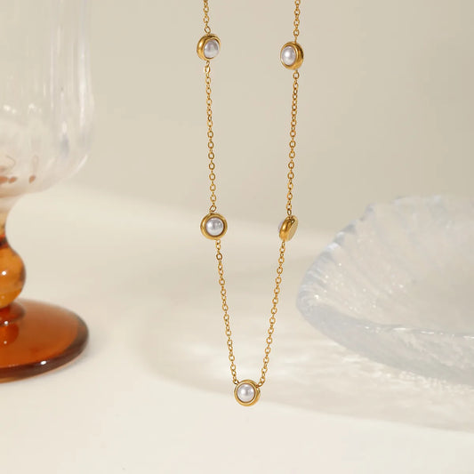 Pearl 18K Gold Plated Plating Inlay Pendant Necklace Lip Chain Cable Chain