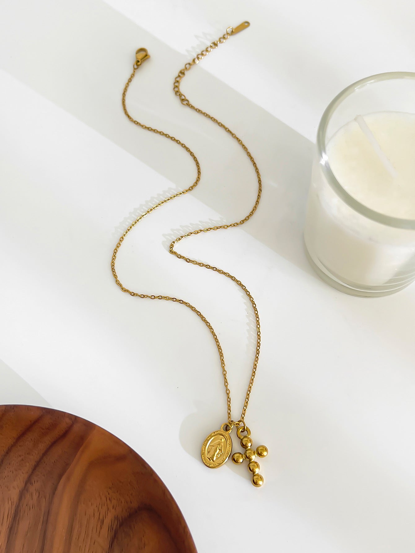 Cross and Scapula 316L Stainless Steel 18K Gold Plated Plating Pendant Necklace Cable Chain