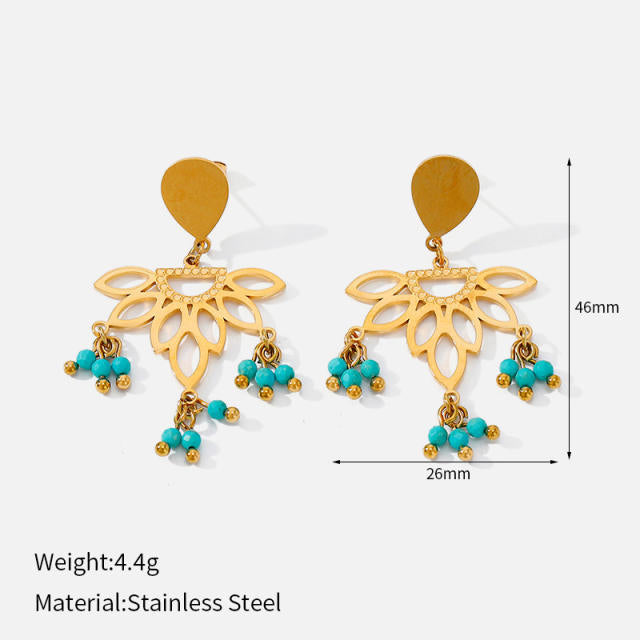 Teal Lotus Tassle 18K Gold Plated Stainless Steel Earring