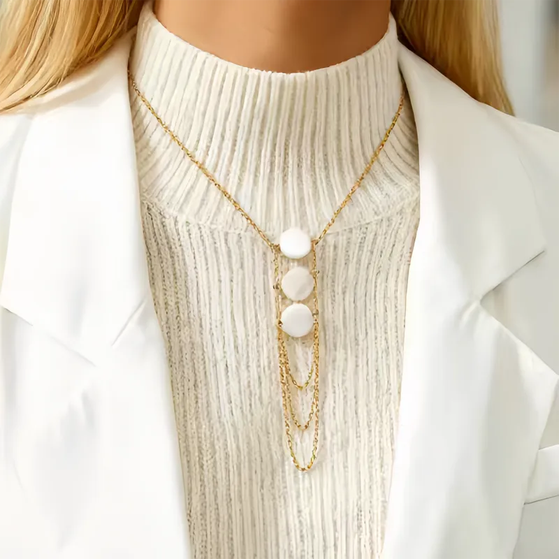 Three White Marbled Layered 18K Gold Plated 304 Stainless Steel Necklace