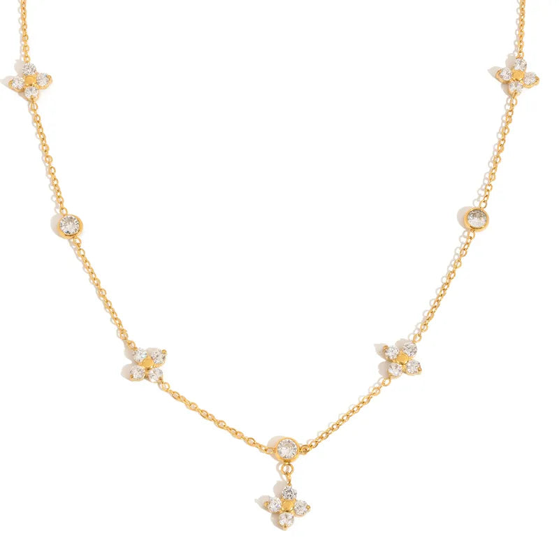 18K Gold Plated 304 Stainless Steel Necklace With White Zircon Four-Leaf Necklace