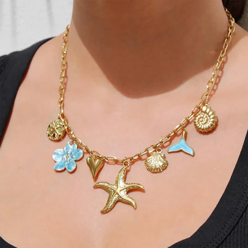 Starfish Mermaid Tail 18K Gold Plated 304 Stainless Steel Charm Necklace