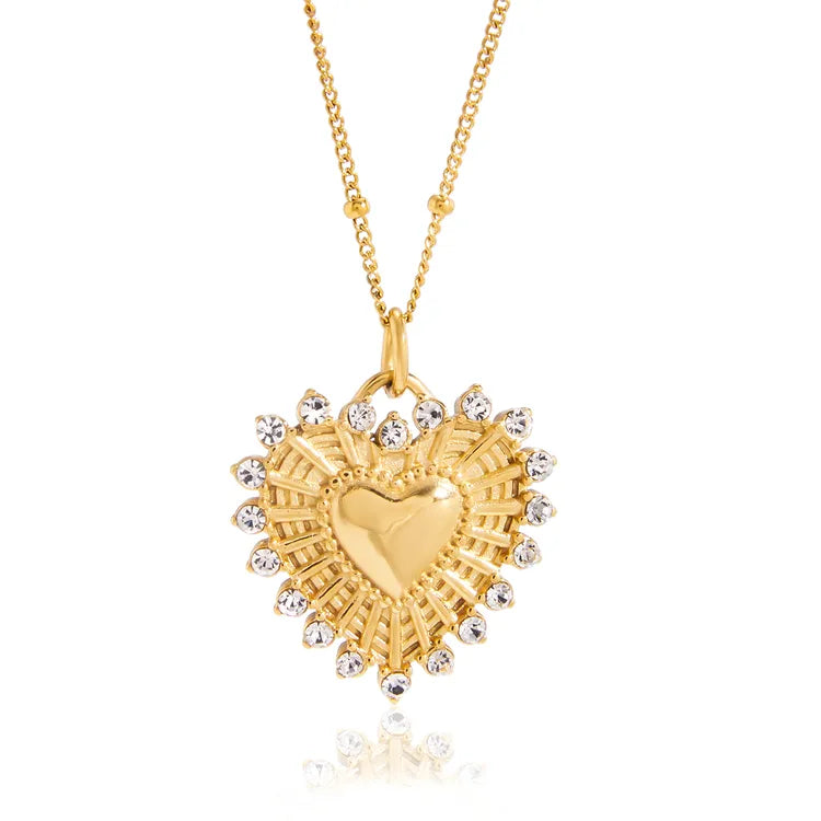 Ribbed Zircon Heart 18K Gold Stainless Steel Pendant Necklace 45+5CM