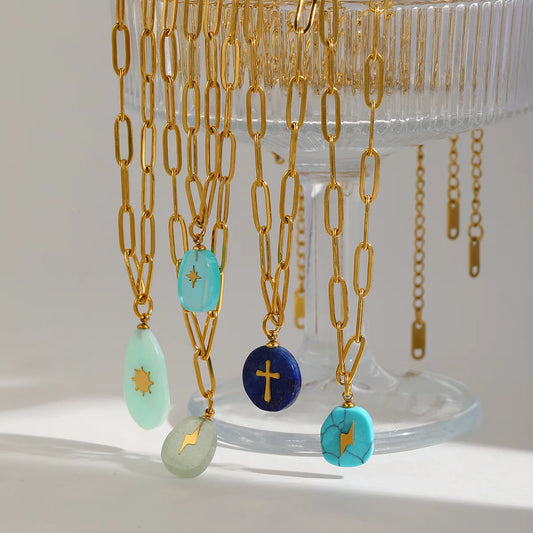 Cross Star 304 Stainless Steel Natural Stone 18K Gold Plated Plating Paperclip Chain Necklace