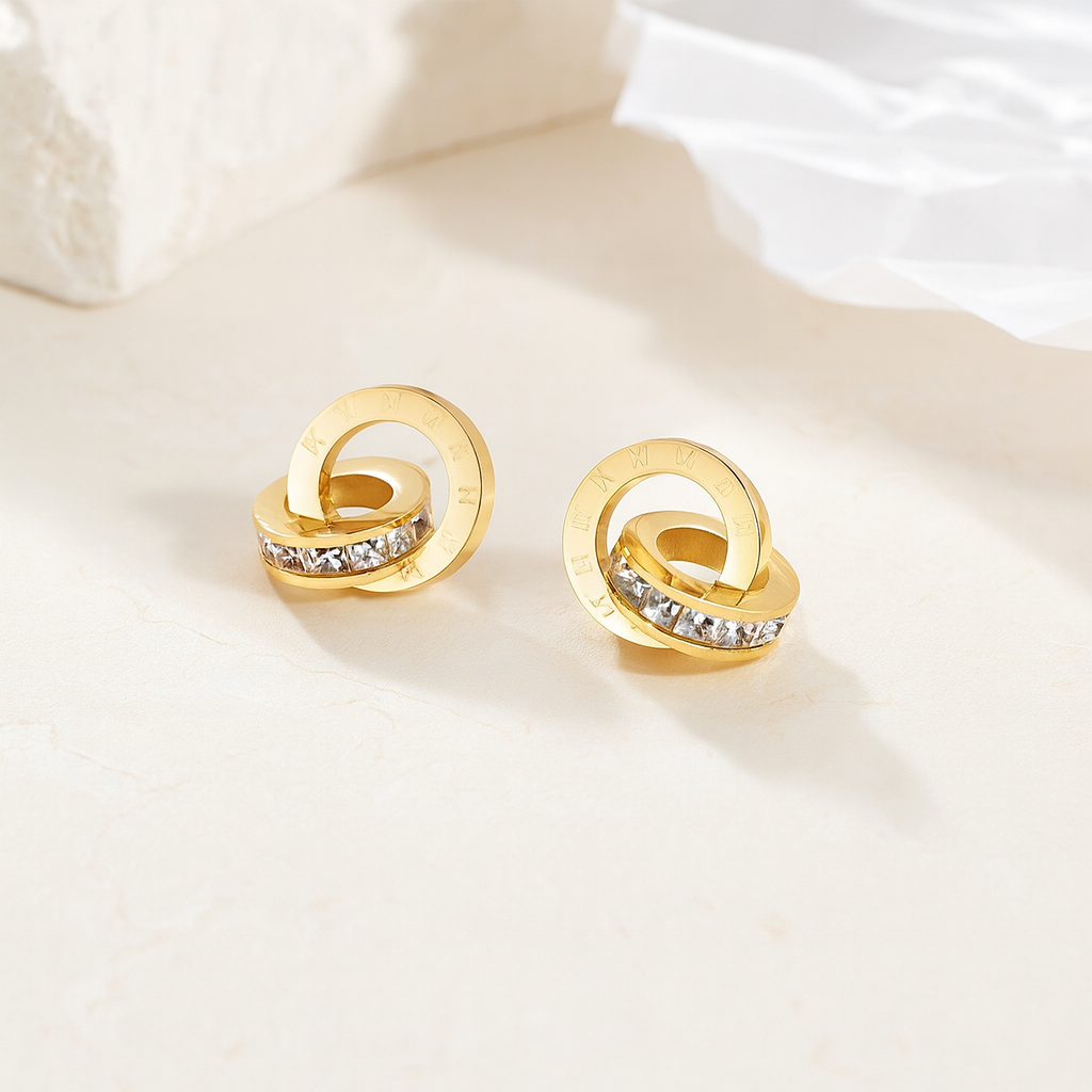 Roman Numerals PVD Coated 18K Gold Plated Stainless Steel Non Tarnish Earring