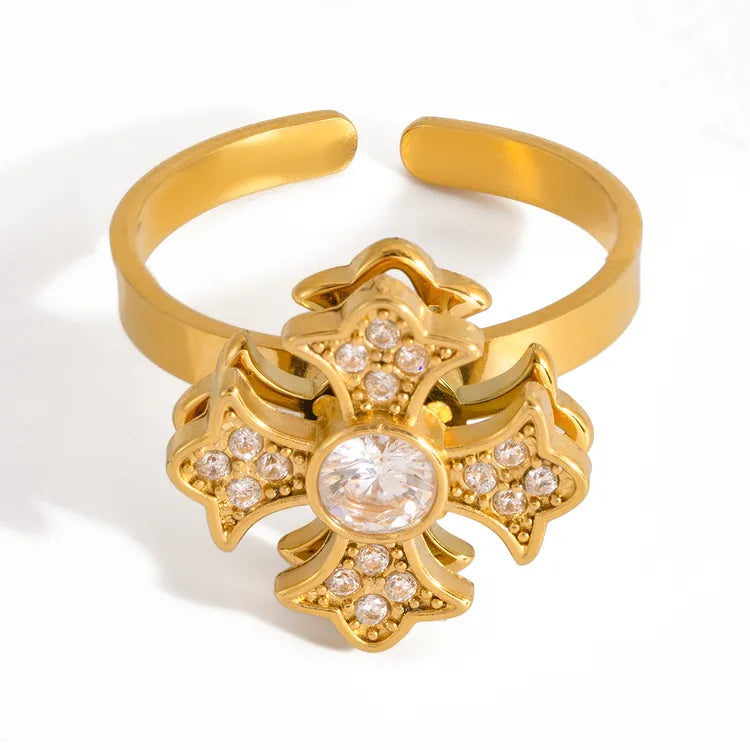 Rotatable Flower 18K Gold 304 Stainless Steel Plated Rhinestone Open Ring