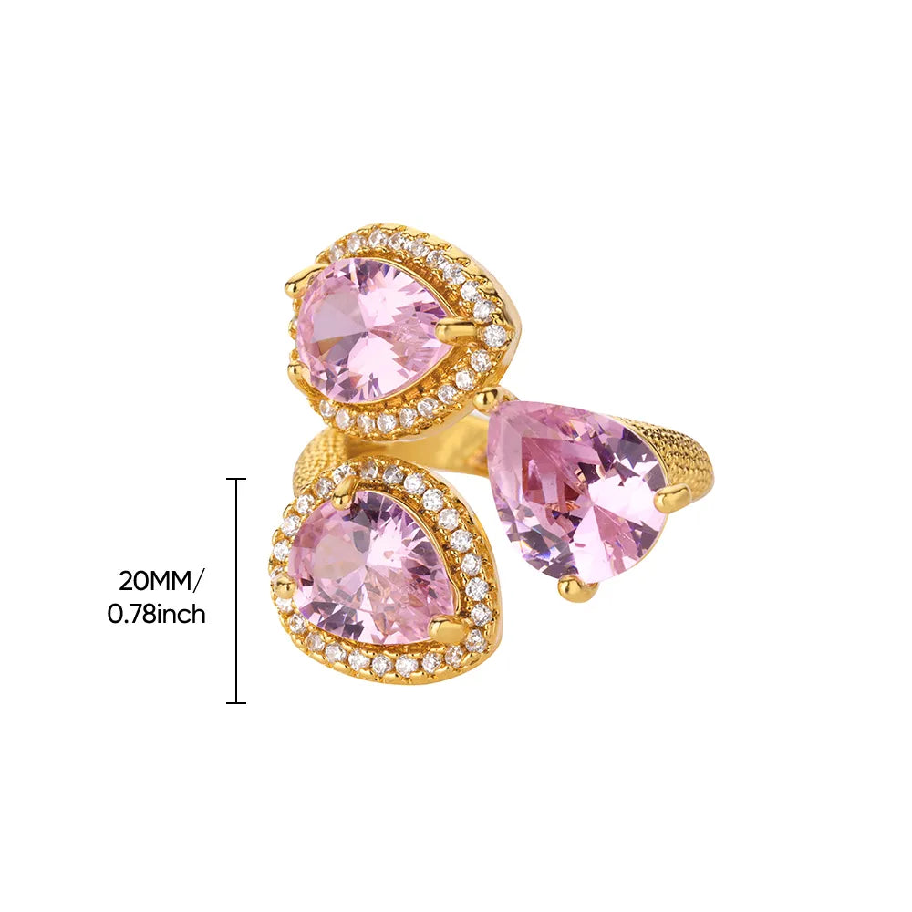 Pretty Pink Drop Zirconia 18K Gold Plated 304 Stainless Steel Ring