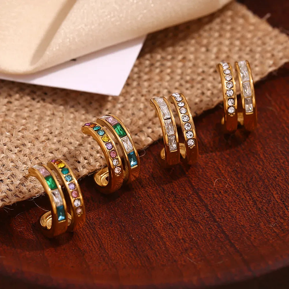 Double Layer C-Shape Earrings Plated 18K Gold Embedded Colored Zirconia Stainless Steel Stud Earring