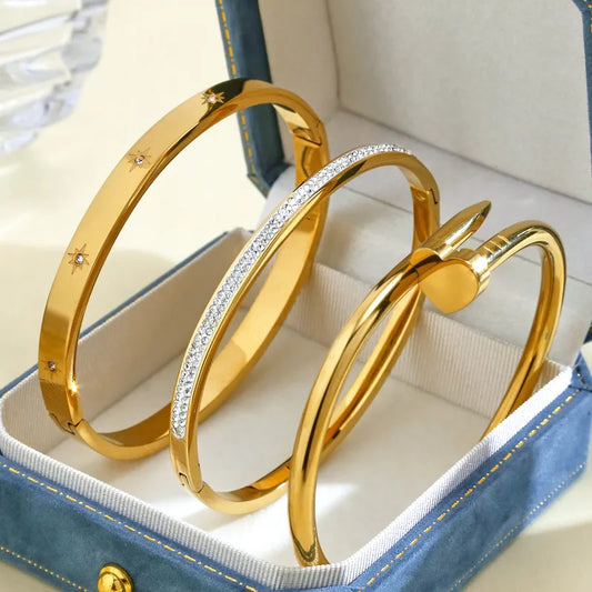 Elegant Luxury 304 Stainless Steel 18K Gold Plated Zirconia Ladies Bracelet Set