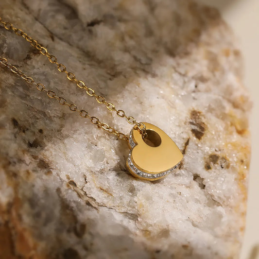 Luxury 18K Gold Plated Stainless Steel Zircon Heart Pendant Necklace