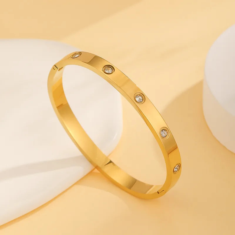 Cartier Style Studded Diamond 18K Gold Plated 304 Stainless Steel Bangle