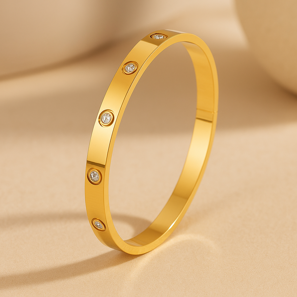 Cartier Style Studded Diamond 18K Gold Plated 304 Stainless Steel Bangle