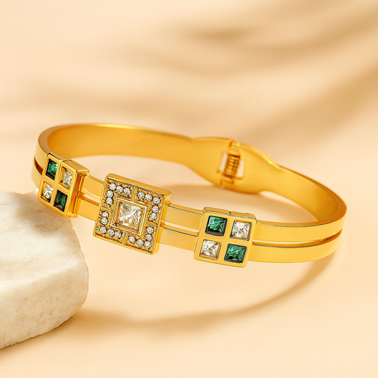 Bold Green Zircon Click Clasp Stainless Steel 18K Gold Plated Luxury Bracelet