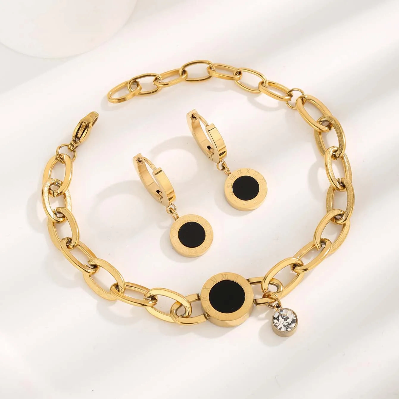 Vintage Style Roman Numeral 304 Stainless Steel Arylic Plating Inlay Zircon 18K Gold Plated Women's Bracelets Earring