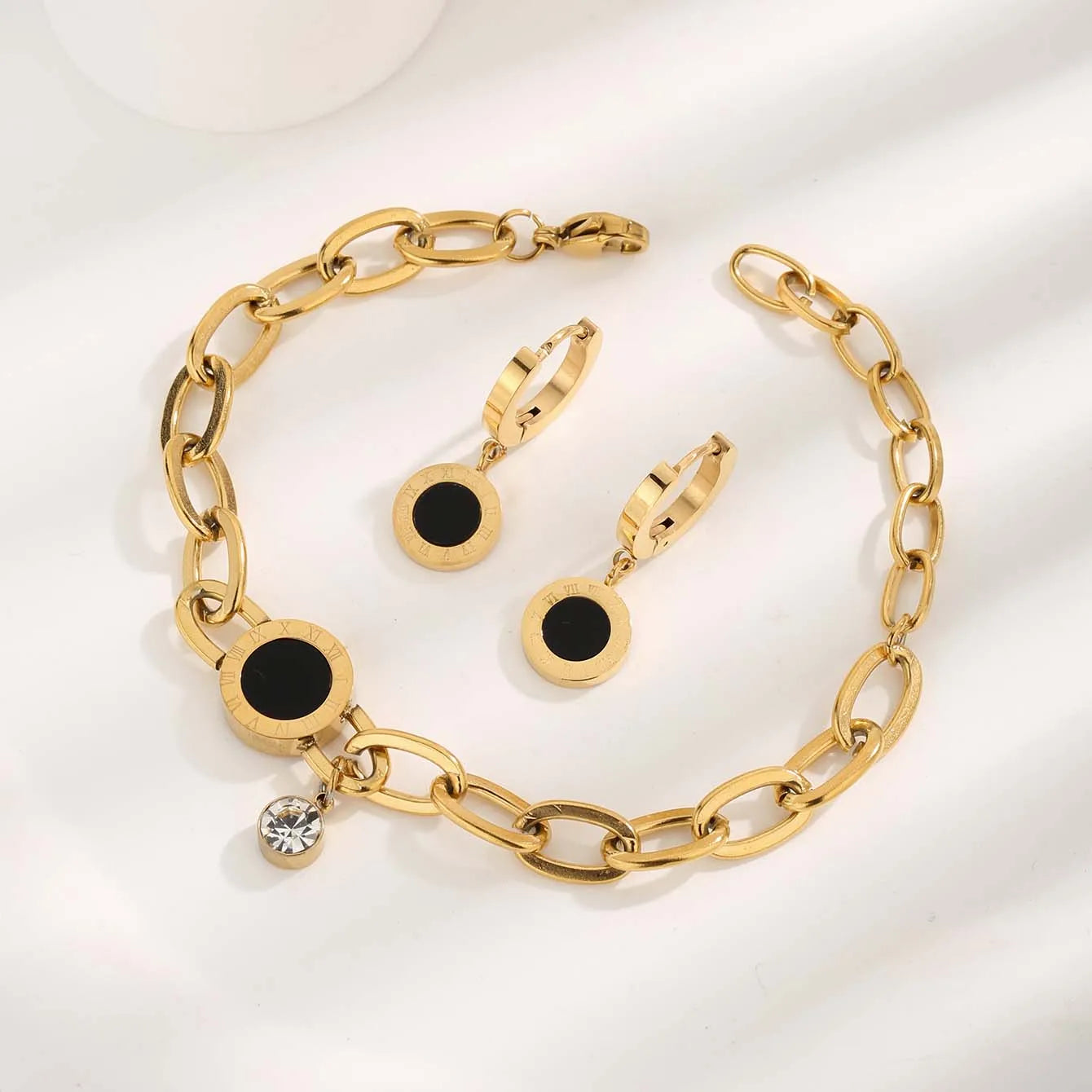 Vintage Style Roman Numeral 304 Stainless Steel Arylic Plating Inlay Zircon 18K Gold Plated Women's Bracelets Earring
