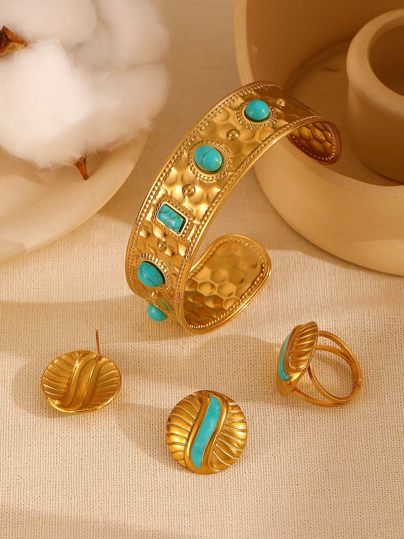 Elegant Retro Geometric 304 Stainless Steel Turquoise 18K Gold Plated Plating Rings Bracelets Earrings