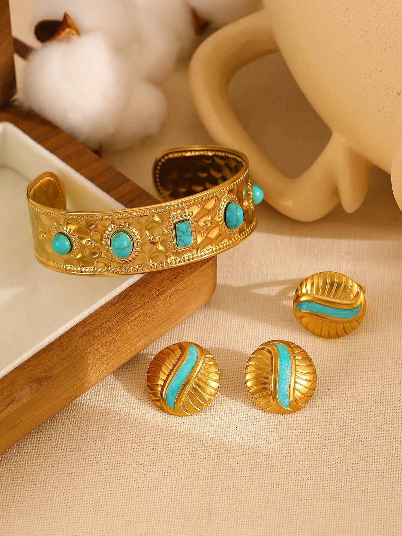 Elegant Retro Geometric 304 Stainless Steel Turquoise 18K Gold Plated Plating Rings Bracelets Earrings